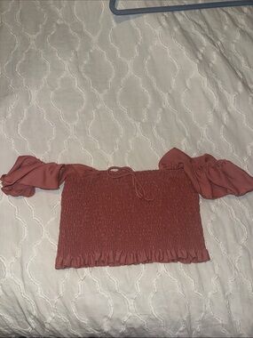 American Threads Dusty Rose Smocked Off-Shoulder Crop Top